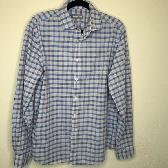 Michael Kors Blue Tan Plaid Button Up Shirt Sz Large Slim Fit - Picture 1 of 4
